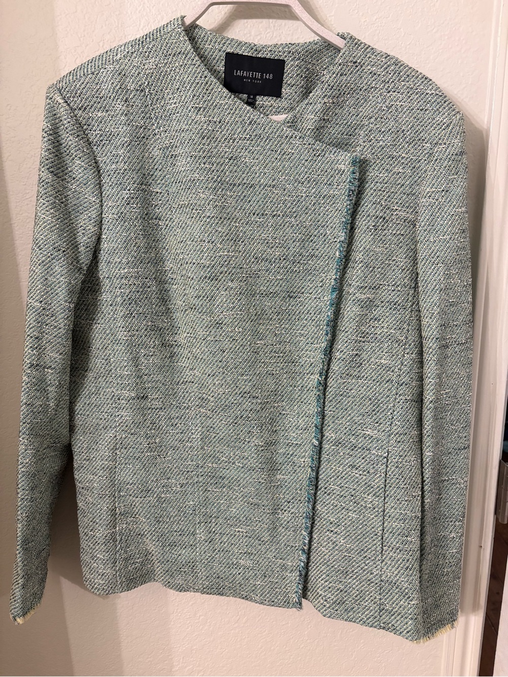 NWT Lafayette 148 New York Blue Green Tweed Asymmetric Zip Jacket Size 16 Luxury